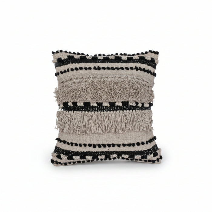 A square decorative throw pillow with a textured, woven horizontal striped pattern in beige, cream, and black, featuring fringe details on the sides.