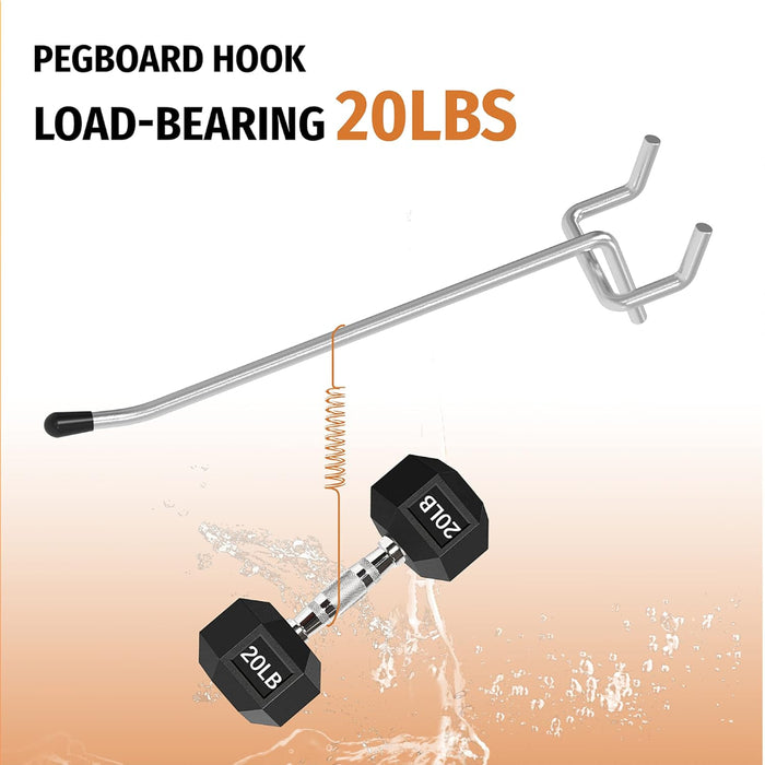 Metal pegboard hook with load-bearing capacity of 20 lbs, attached to a dumbbell set.