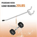 Metal pegboard hook with load-bearing capacity of 20 lbs, attached to a dumbbell set.