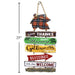 A rustic multi-tiered hanging sign with autumn-themed words including 'Give Thanks', 'Happy Harvest', 'Gather together', 'Blessings', 'All Are Welcome', and 'Thanksgiving'. A plaid turkey decoration hangs from the top, and a black measurement line on the left indicates a height of 25 inches.