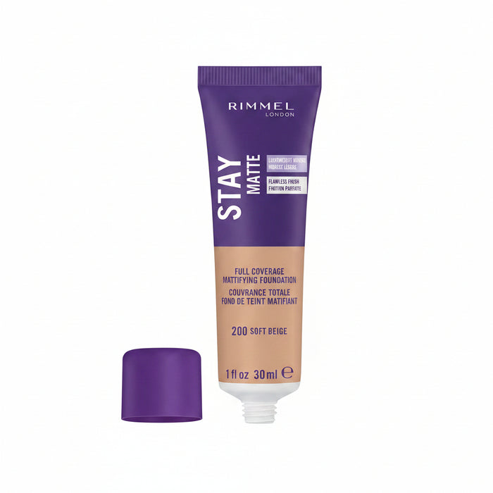 Rimmel London Stay Matte foundation tube with purple cap on a white background