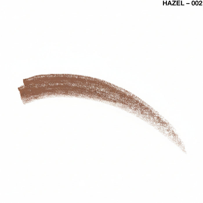 A curved swatch of a brown cosmetic product, likely an eyebrow pencil or eyeshadow, on a plain white background with the text 'HAZEL - 002' in the top right corner.