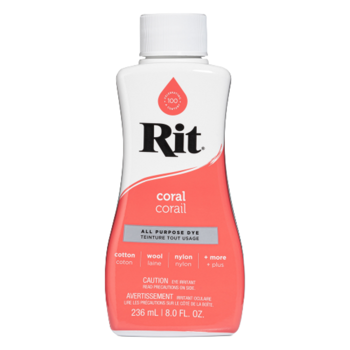 Rit all-purpose dye bottle in coral color on a white background