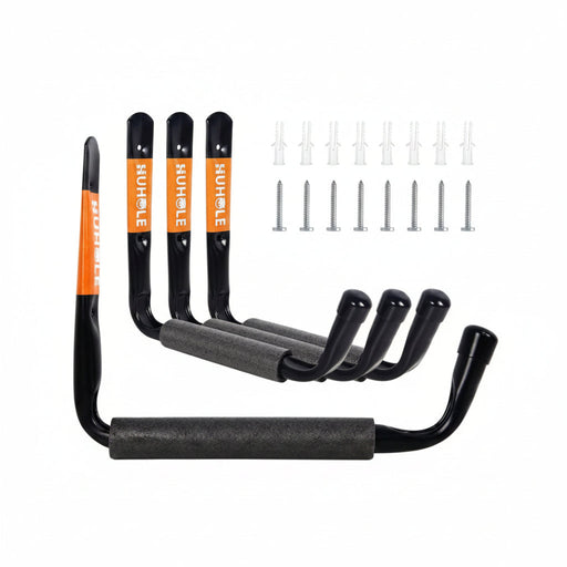 Set of black hooks with orange labels and screws on a white background