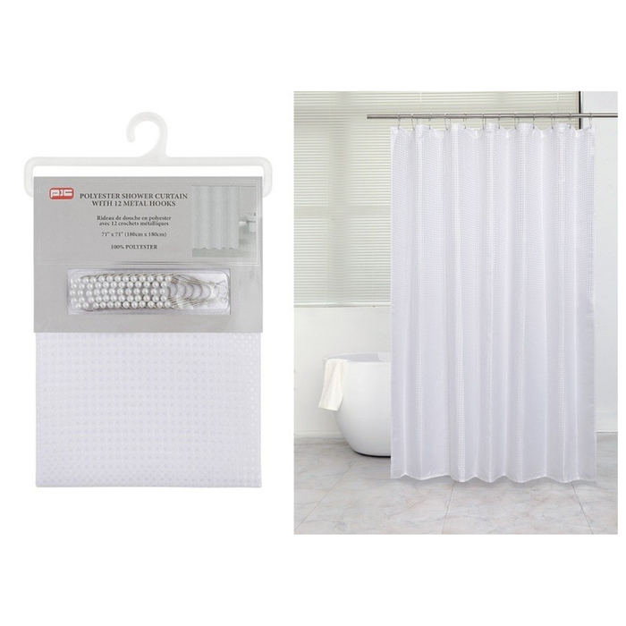 JACQ SHOWER CURTAIN W/METAL HOOKS - WHITE