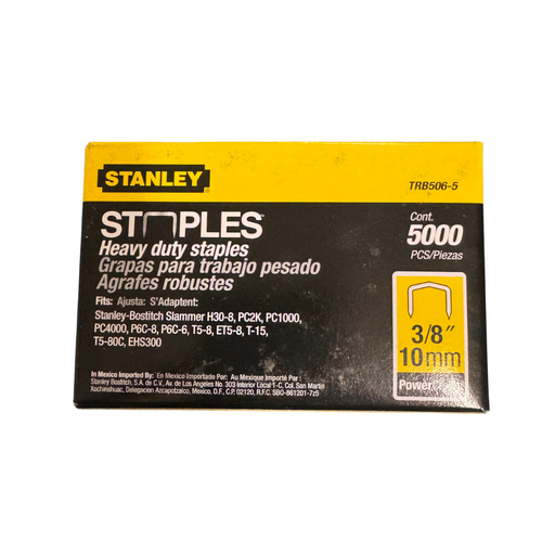 Box of Stanley heavy-duty staples with specifications on a white background