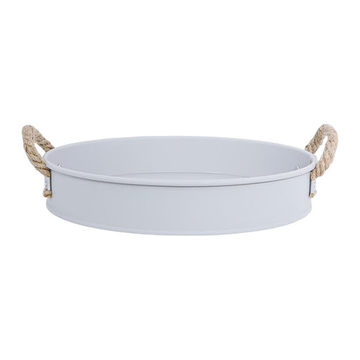 Round metal tray with rope handles on a white background