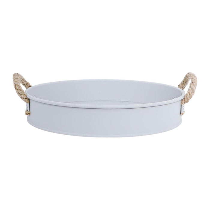 Round metal tray with rope handles on a white background