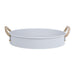 Round metal tray with rope handles on a white background