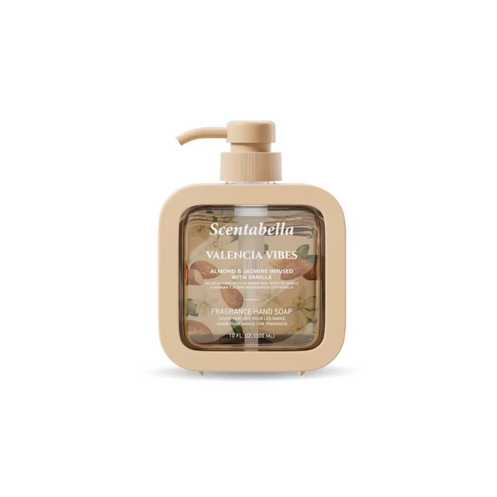 Beige bottle of Scentabella Valencia Vibes hand soap on a white background