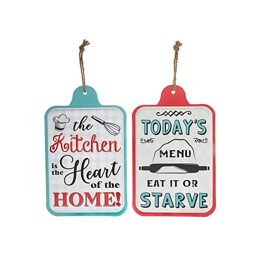 Two assorted kitchen wall signs — one reads “The Kitchen is the Heart of the Home!” in teal, red, and black; the other reads “Today’s Menu: Eat It or Starve” in teal, black, and red.