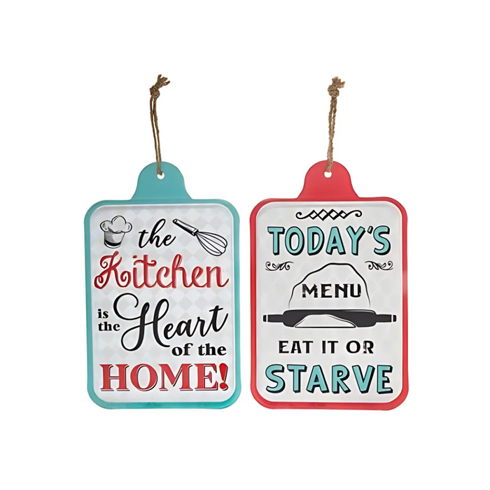 Two assorted kitchen wall signs — one reads “The Kitchen is the Heart of the Home!” in teal, red, and black; the other reads “Today’s Menu: Eat It or Starve” in teal, black, and red.