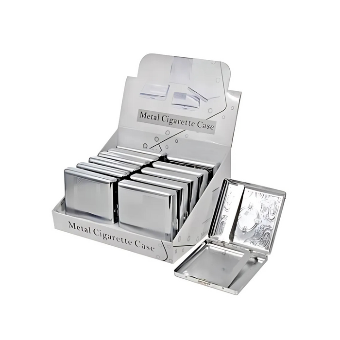 Shiny silver metal cigarette case with secure clasp, displayed open and closed.