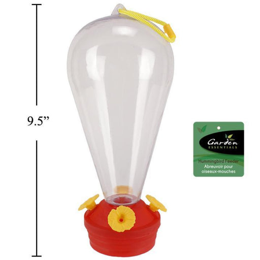 Hummingbird feeder with dimensions and brand label on a white background