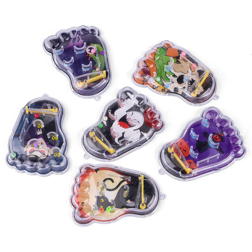 Six small transparent plastic toy molds shaped like feet, each containing colorful cartoon animal illustrations, arranged on a plain white background.