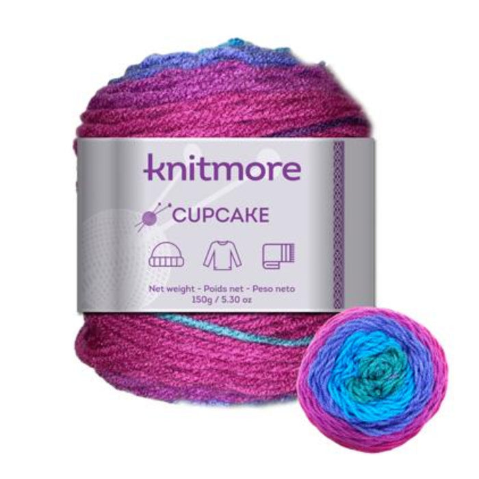 Knitmore Cupcake yarn ball with colorful gradient and packaging on a white background