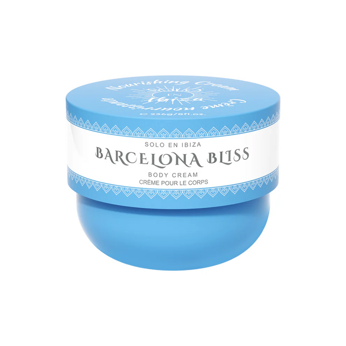 Blue jar of Barcelona Bliss body cream on a white background