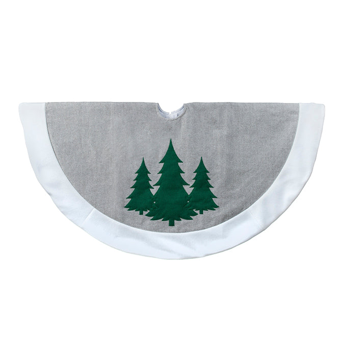 FABRIC GREY TREE SKIRT WHITE TRIM PINE TREE DECAL