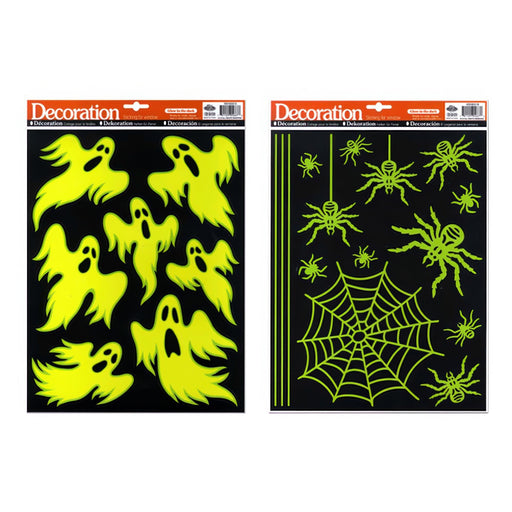 Two packages of neon yellow Halloween decorations on a white background. The left package contains ghost decals, and the right package contains spider and web decals.