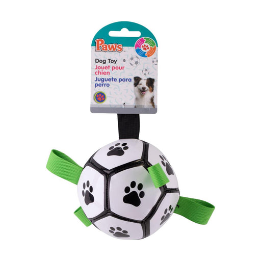 Dog toy with green strap and paw prints on a white background, featuring the brand 'Paws'.