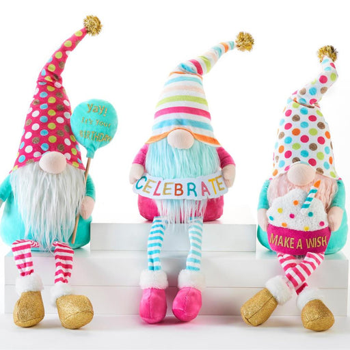 Three colorful gnome figurines with text and decorative elements on a white background