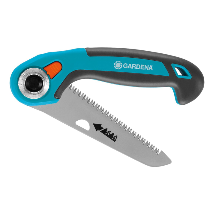 Gardena folding saw with blue handle and silver blade on a white background