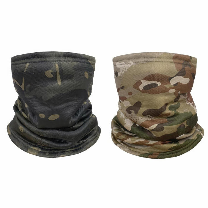 Two camouflage neck gaiters shown side by side on a plain white background. The left gaiter is in a dark green and black camo pattern, and the right gaiter is in a tan, brown, and green camo pattern.