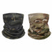 Two camouflage neck gaiters shown side by side on a plain white background. The left gaiter is in a dark green and black camo pattern, and the right gaiter is in a tan, brown, and green camo pattern.