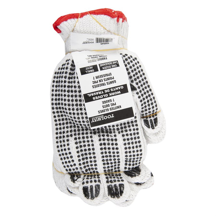 WHITE KNITTED POLY / COTTON WITH BLACK PVC DOTS GLOVES