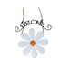 Hanging welcome sign with a large white metal daisy and orange center beneath a black scroll-style “WELCOME” text.