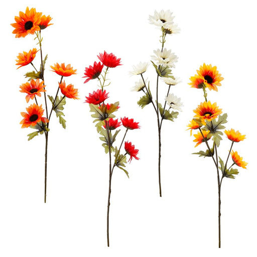 Four artificial flower stems displayed against a plain white background, featuring orange and yellow sunflower-like blooms with dark centers, bright red flowers, and white daisy-like blossoms with green leaves.