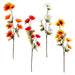 Four artificial flower stems displayed against a plain white background, featuring orange and yellow sunflower-like blooms with dark centers, bright red flowers, and white daisy-like blossoms with green leaves.