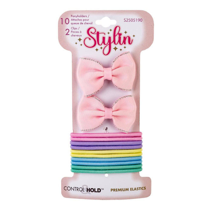 Packaged hair accessories with pink bows and colorful elastics on a white background