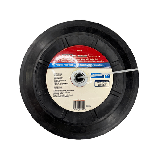 Black wheel with a visible brand label on a white background