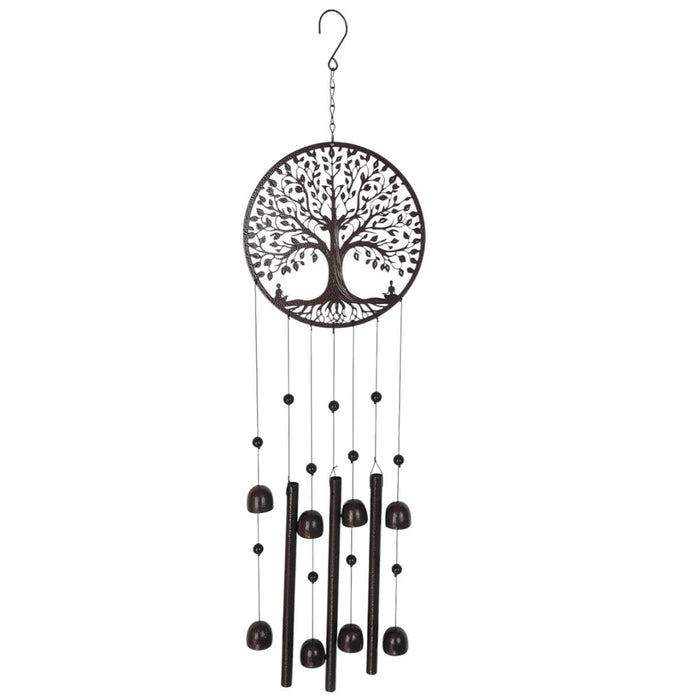 Decorative wind chime with tree of life design on a white background