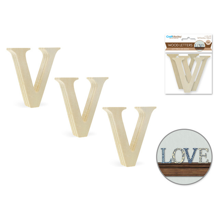 Wooden letter 'V' with packaging and a decorative use example on a white background