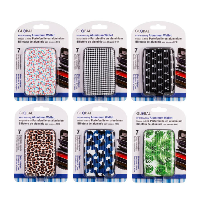 Packaging of aluminum wallets with various patterns on a white background