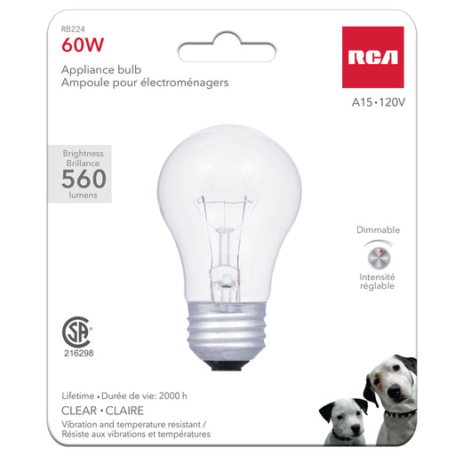 RCA appliance bulb packaging with a clear light bulb on a white background