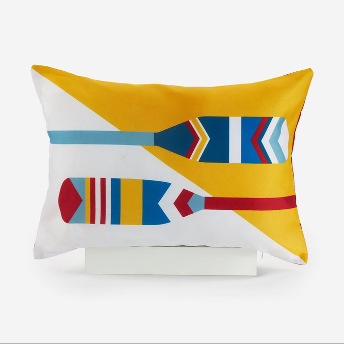 Decorative pillow with colorful geometric pattern on a white background