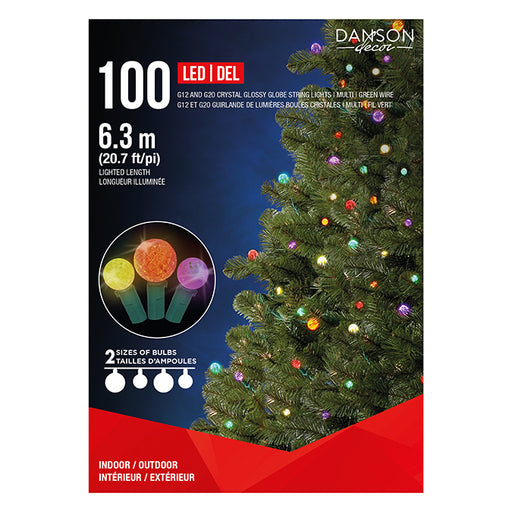 Danson Decor LED string lights packaging with a Christmas tree and colorful lights on a white background.