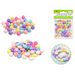 Assortment of smooth, round and oval pastel acrylic beads in pink, yellow, purple, mint, and blue. Includes packaging and a sample bracelet featuring beads in various shapes and colors.