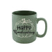 A sage green ceramic mug with a 'Happy Thanksgiving' pumpkin graphic printed on the side, set against a plain white background.