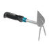 Gardening tool with a black handle and metal prongs on a white background