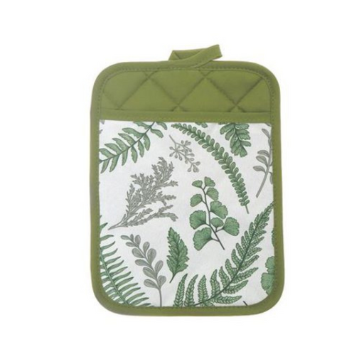 6.75" x 9" green and white pot holder with fern leaf print, quilted top, and hanging loop for safe handling of hot cookware.
