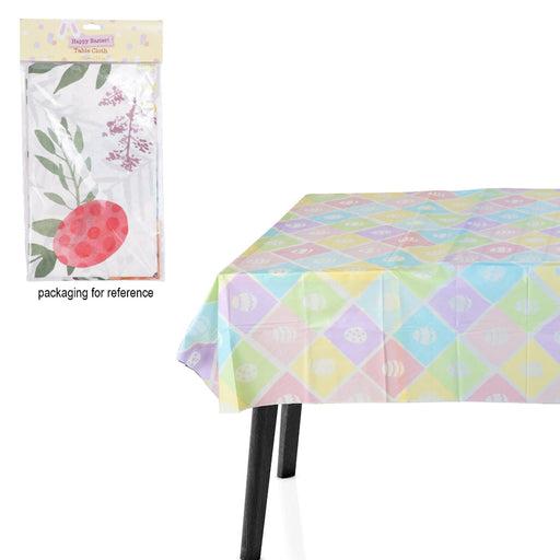 Pastel checkered tablecloth on a table with packaging for reference in the corner.