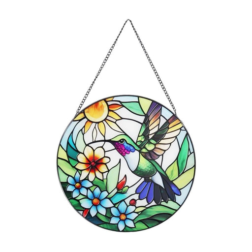 Colorful stained glass panel with a hummingbird and flowers on a white background