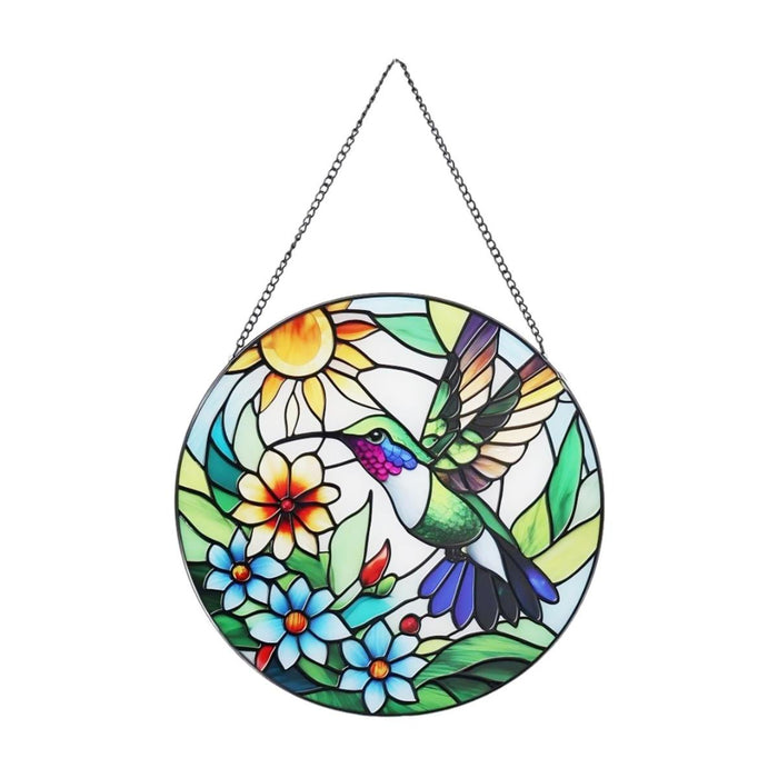 Colorful stained glass panel with a hummingbird and flowers on a white background