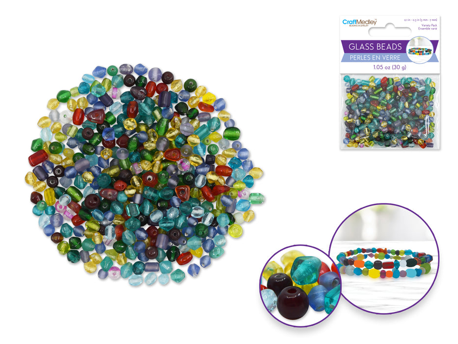 GLASS BEADS: 3MM-7MM MIX-PACK 30GMS