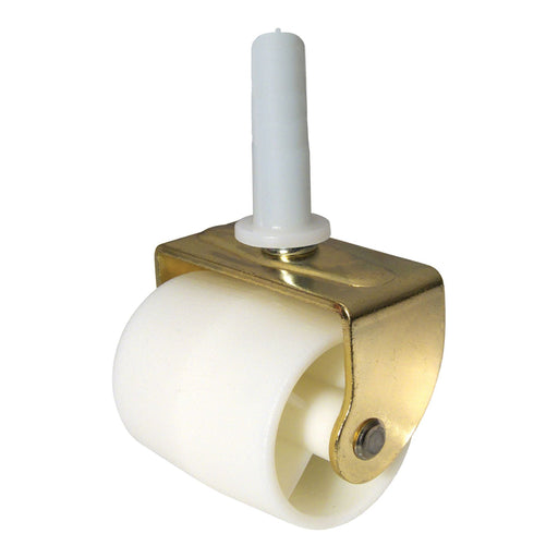 Caster wheel with gold metal housing and white roller on a white background