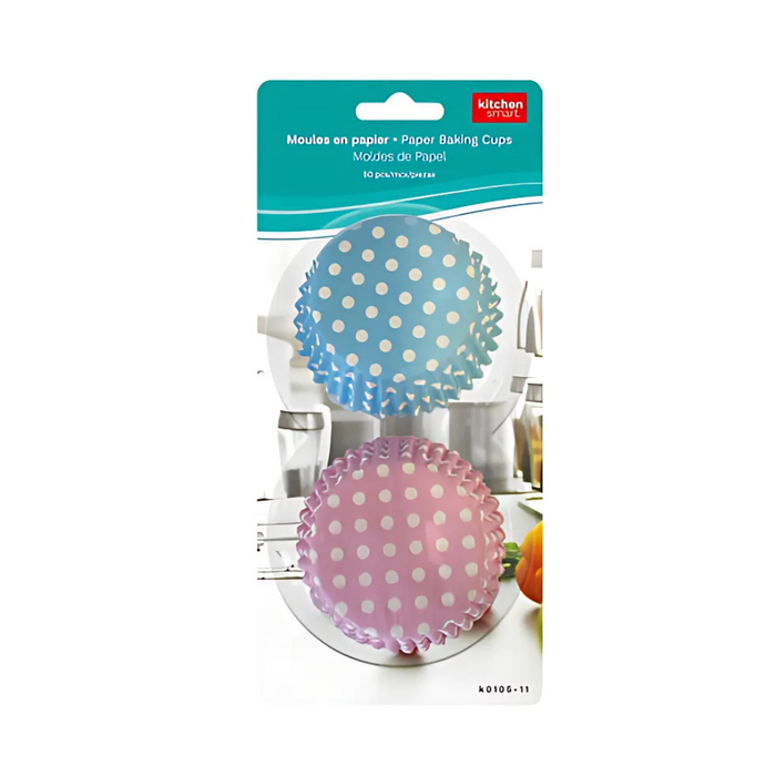 Pack of paper baking cups with polka dot design on a white background